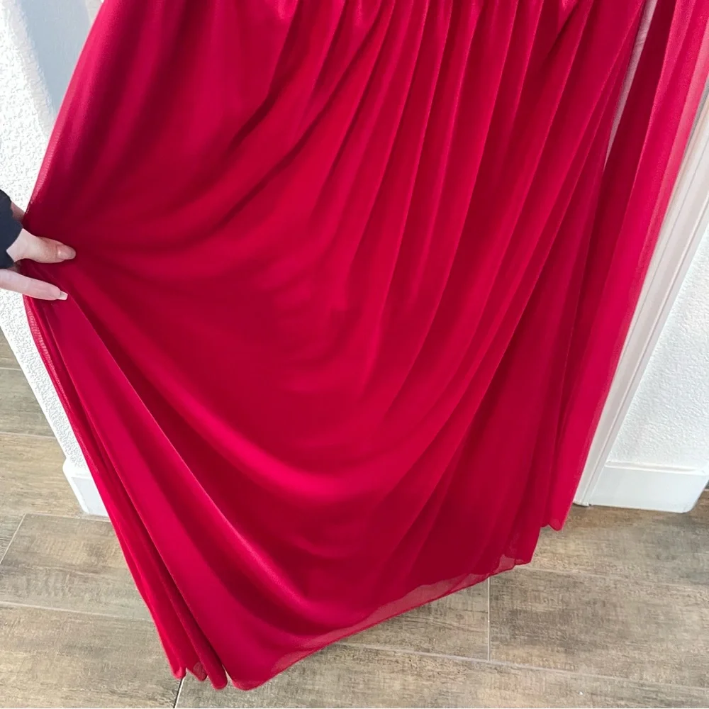 R&M Richards Sheer Cape Vibrant Red Dress with Embellished Trim